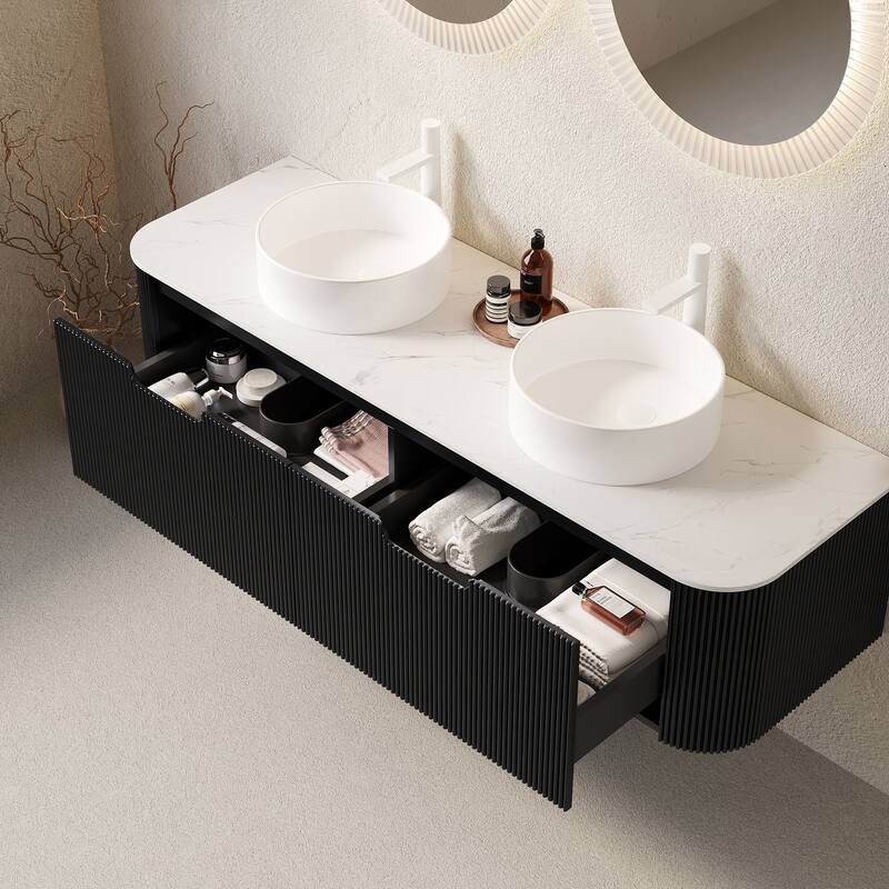 GDFStudio - Dina 60" Floating Bathroom Vanity with Striped Curved Drawers & 2 White Round Ceramic Basins, WITHOUT Faucet - Black