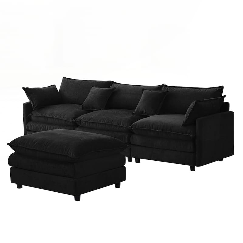 Upholstered Soft Chenille Fabric Sofa,3 Seater with Ottoman L Shape Sofa - Black