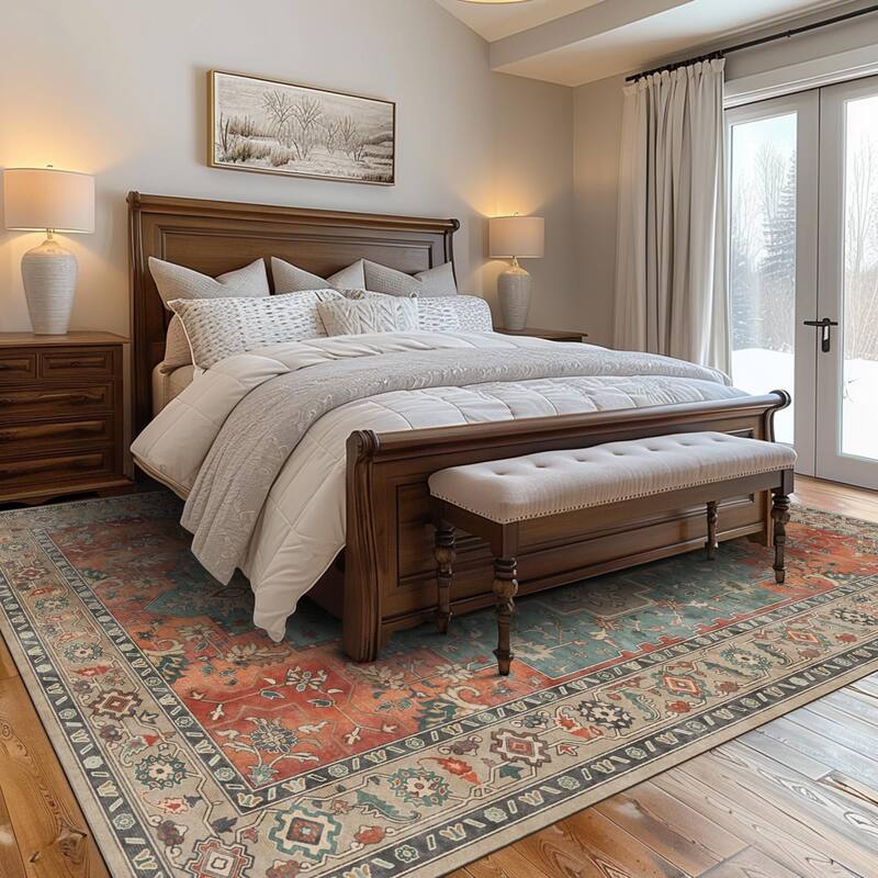 Mcow Neutral Floral Low Pile Machine Washable Non-Slip Area Rug