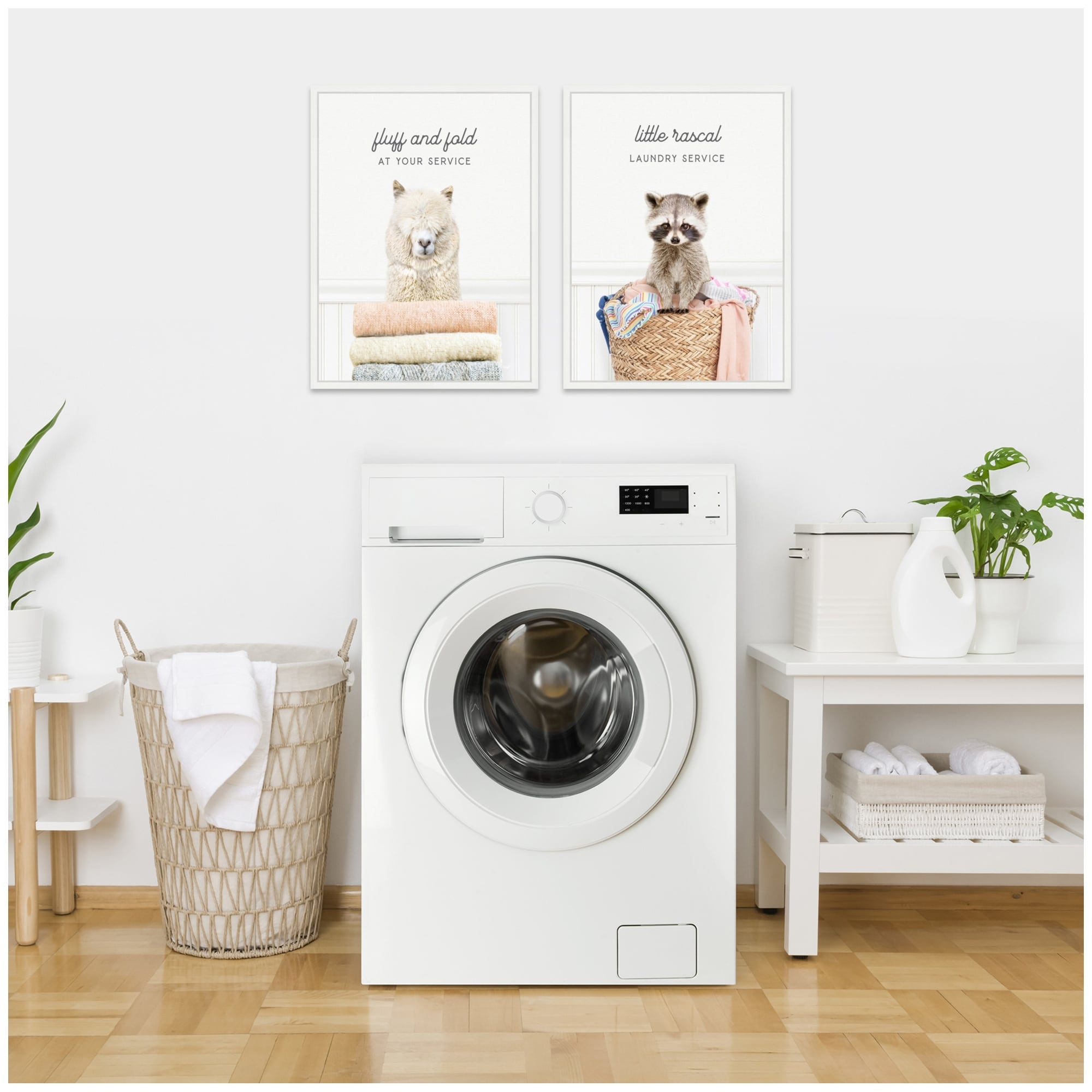 Kate and Laurel Sylvie Animal Fluff Fold and Racoon Little Rascal Laundry Framed Canvas Art Set by Amy Peterson