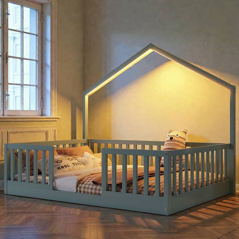 Wood Floor Bed with High Guardrails and LED Light, Montessori Style Low Profile Bed for Kids