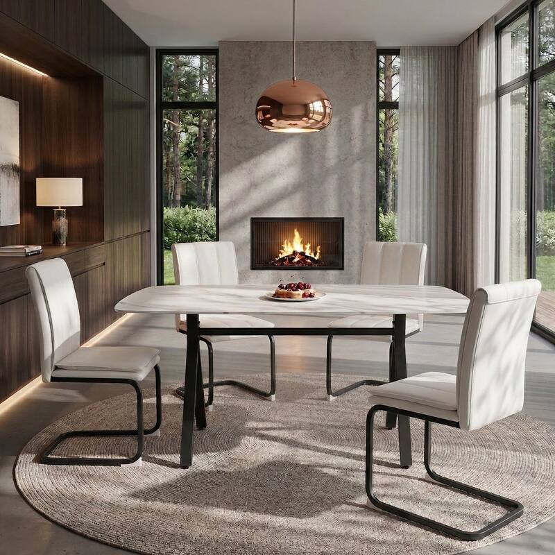 Rectangular dining table featuring a tempered glass tabletop with a marble-patterned design for restaurant dining settings