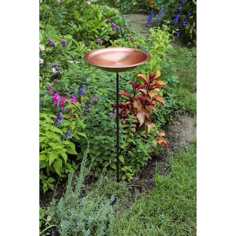 Achla Designs 39" H Round Satin Hammered Solid Copper Birdbath Bowl w/Roman Bronze Wrought Iron Rail Stake