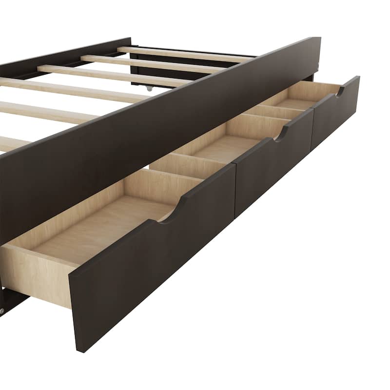 Wood Captain Bed Platform Bed with Trundle and 3 Drawers, Single Bed Frame with Storage Headboard and Integrated LED Light