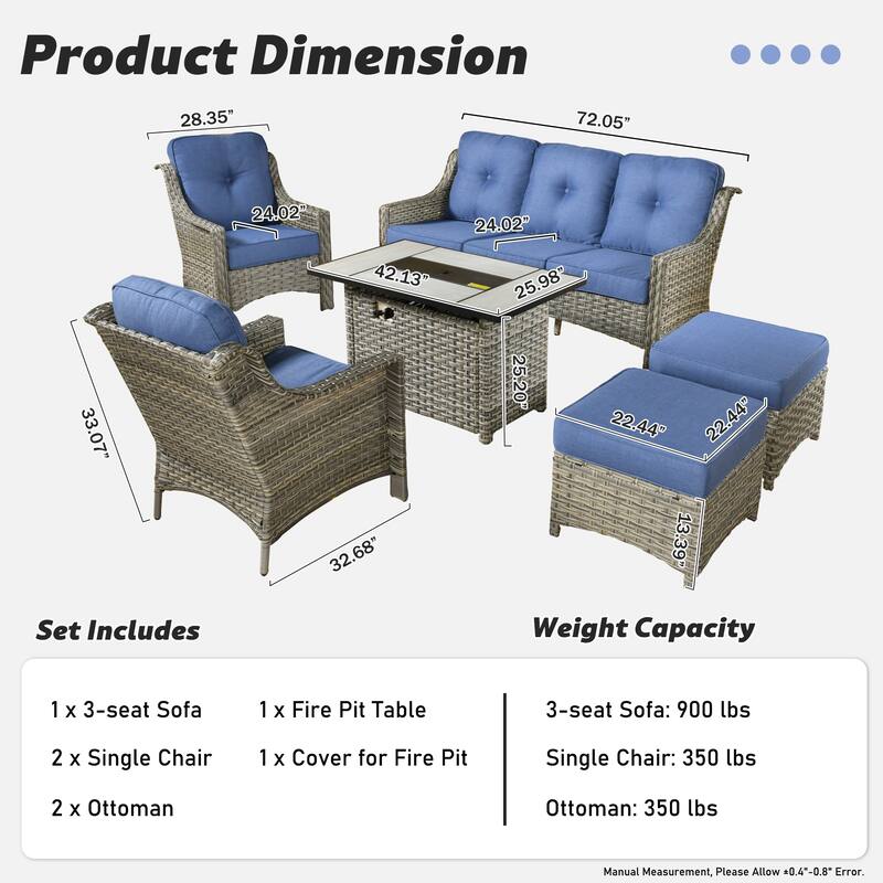 XIZZI 6-piece Rattan Wicker Outdoor Furniture Deep Seat Sofa Set with Fire Pit