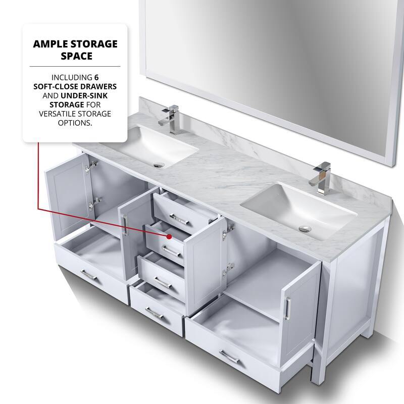 Jacques 72 in. W x 22 in. D Distressed Grey Double Bath Vanity, Carrara Marble Top, Faucet Set, and 70 in. Mirror