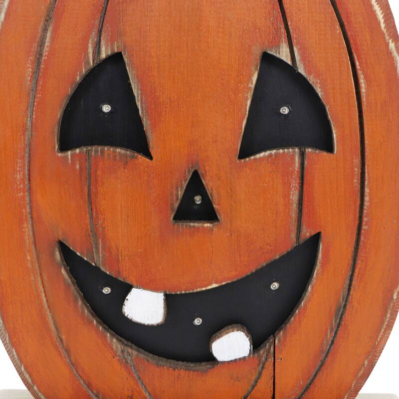 Haunted Hill Farm 18-In. Tall Pumpkin Battery-Operated Wooden Centerpiece with Lights and Timer