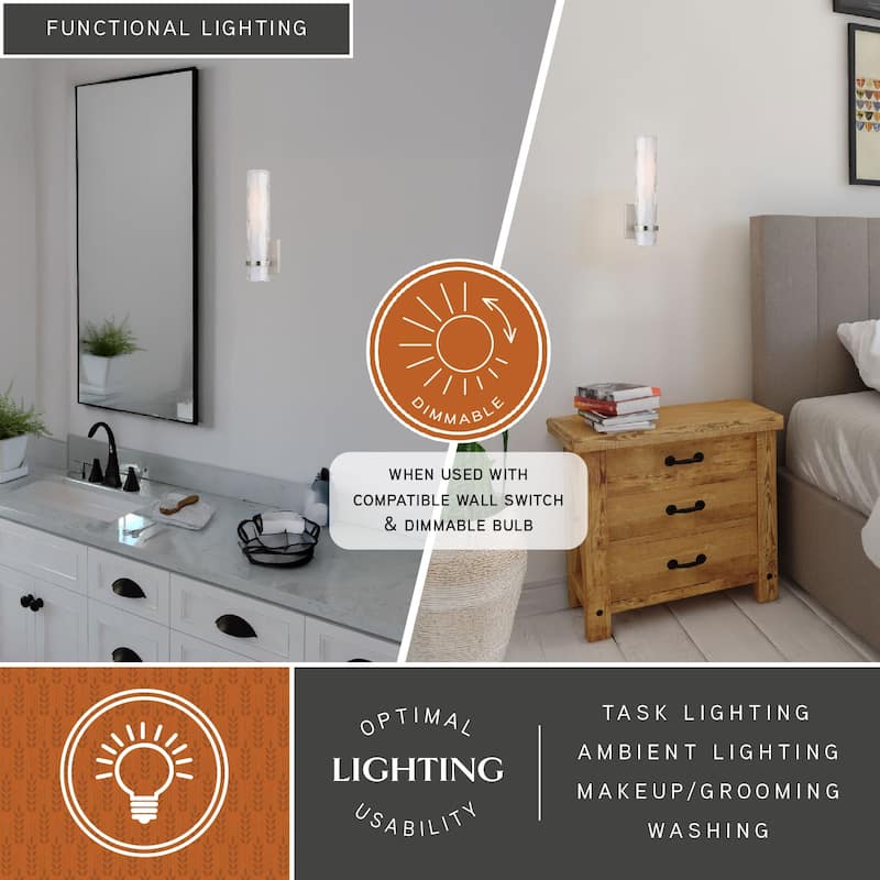 Vilo 1-Light 4.25 in. W Satin Nickel Bathroom Vanity Lighting Fixture, Clear Water and White Frosted Glass, Wall Mount Sconce