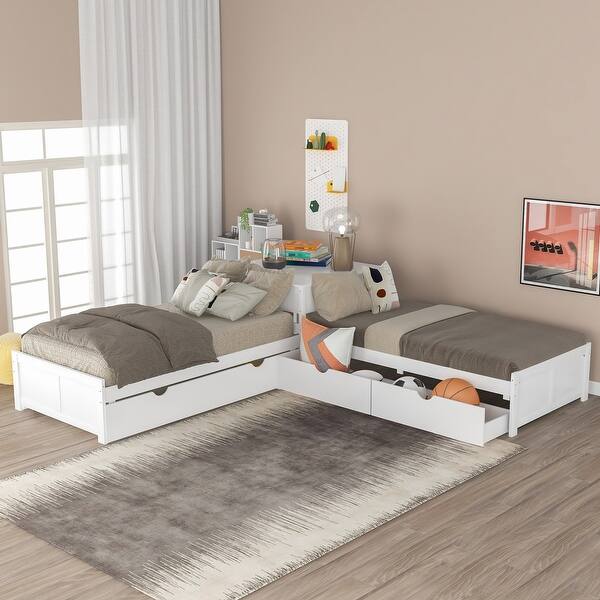 slide 2 of 11, Twin Size Table L-shaped Bed with Trundle and Storage Drawers Linked, Pine Wooden Platform Bed with Built-in Desk, White White