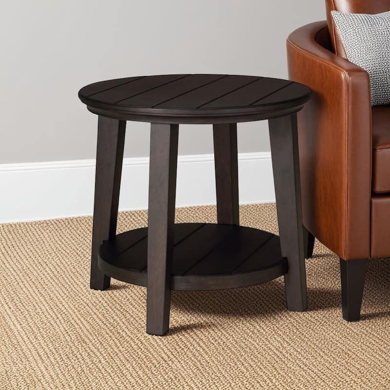 Liu Side End Table w Bottom Shelf, 26 Inch Round Cherry Brown Plank