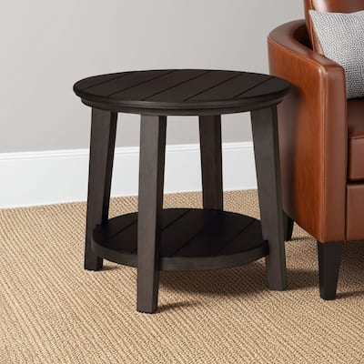 Liu Side End Table w Bottom Shelf, 26 Inch Round Cherry Brown Plank