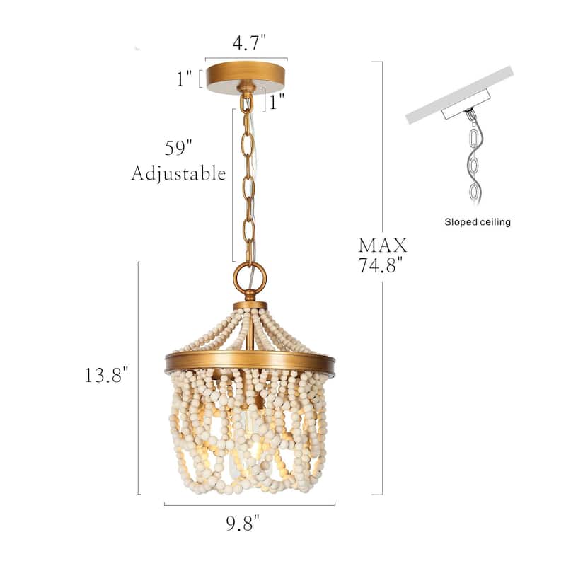 Mini 1-Light Coastal Chandelier Distressed Wood Beaded Pendant Lights Kitchen Islands Lights Bedroom - D 9.8'' x H 74.8''