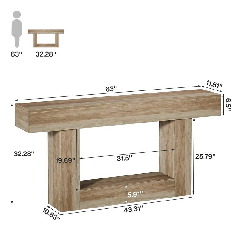63 Inches Brown/ Gray Wood Console Table, Farmhouse Entryway Table for Hallway