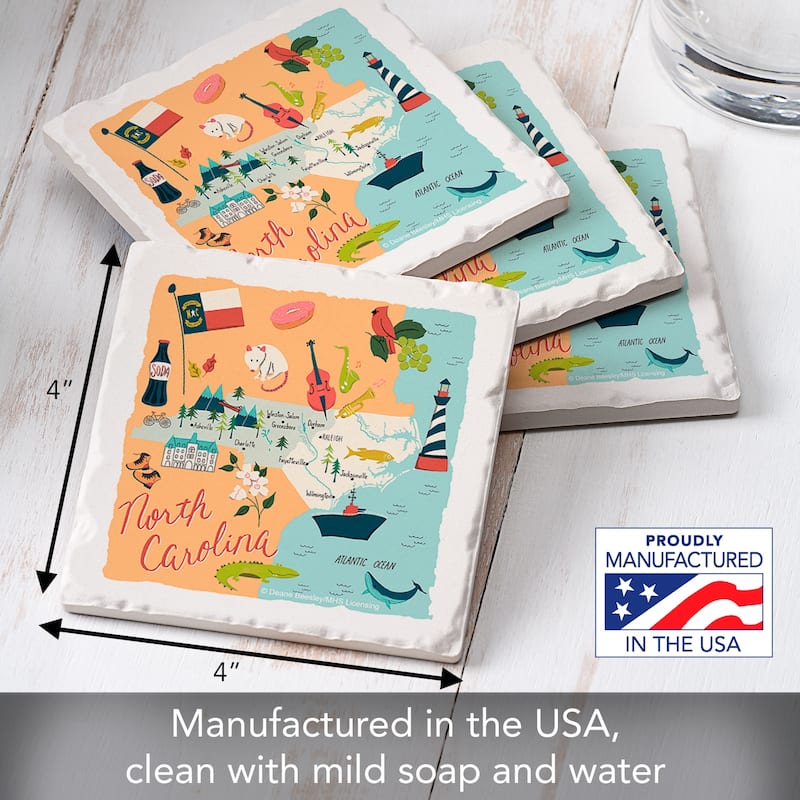 North Carolina Home 4-Pack Absorbent Stone Coasters with Protective Cork Backing 4" Square Made in The USA Easily Wipes Clean