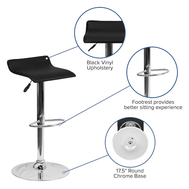 2 Pack Contemporary Vinyl Adjustable Height Barstool with Solid Wave Seat - 15"W x 15"D x 25.5" - 34"H