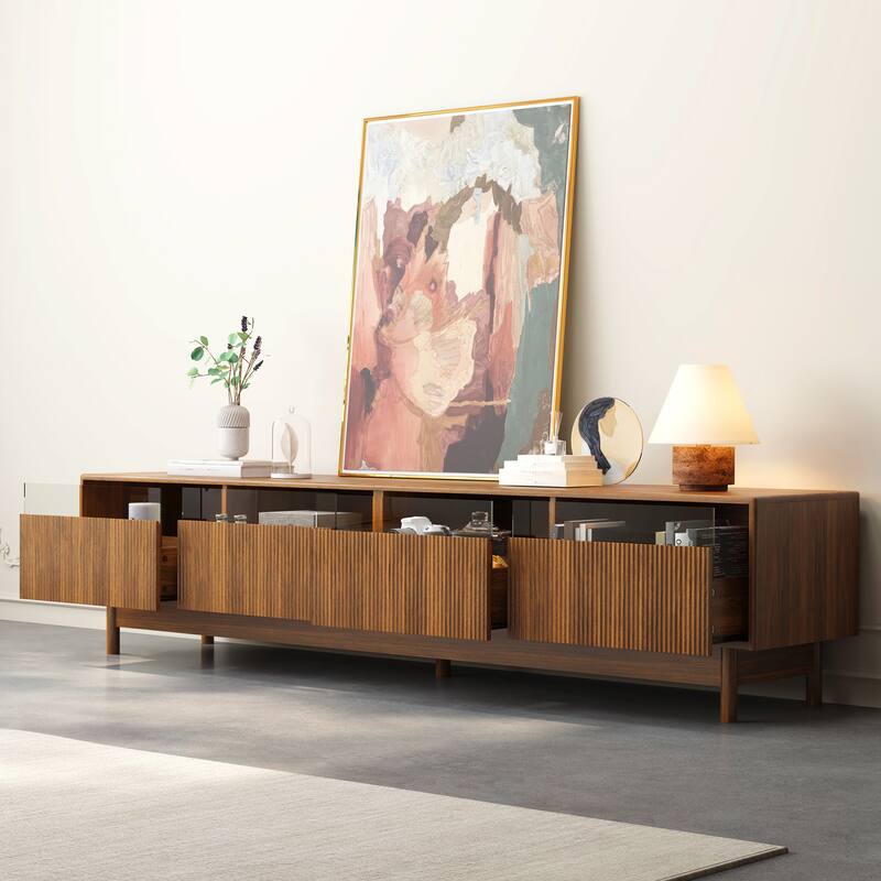 Roomfitters 78 Inch TV Stand for TVs up to 85 Inch, Walnut Media Console Table with Modern Glass Drawers