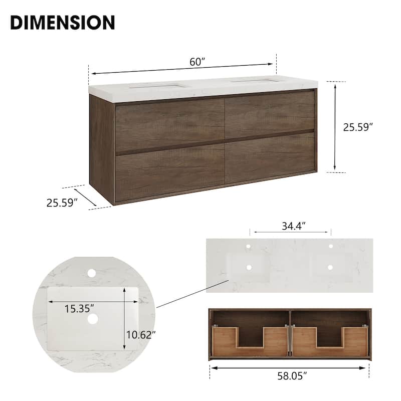 Sylphar 60 inch Bathroom Vanity with Sink, Floating Oak Cabinet with Stone Top