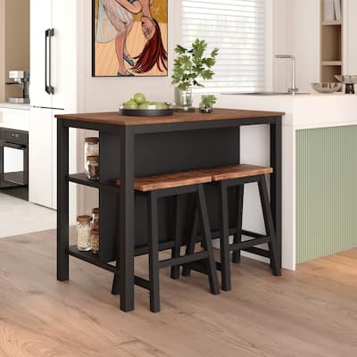 Solid Wood Rustic 3-piece 45" Stationary Kitchen Island Set Dining Table Set with 2 Seatings and 2 Open Shelves