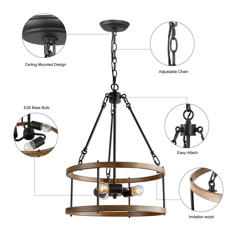 Modern Farmhouse 3/4 Light Drum Chandelier for Dining Room Kitchen Island