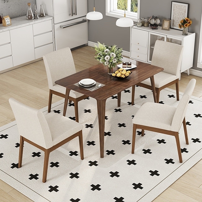5-Piece Farmhouse Table Set – Walnut Wood Table, Light Beige Chairs. Cozy Upholstered Seating for Small Spaces.‌