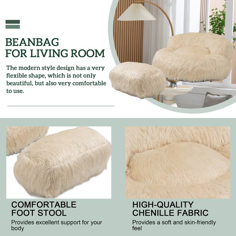 Plush Upholstered Round Comfort Lounger Bean Bag Chair with Ottoman