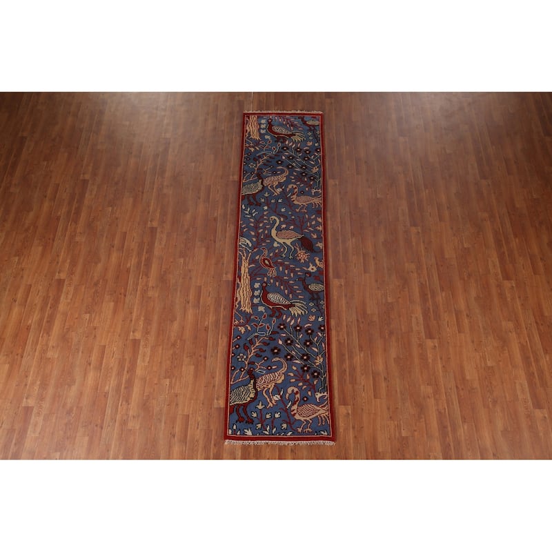 Animals Design Blue Ziegler Oriental Runner Rug Handmade Wool Carpet - 2'7"x 9'11"