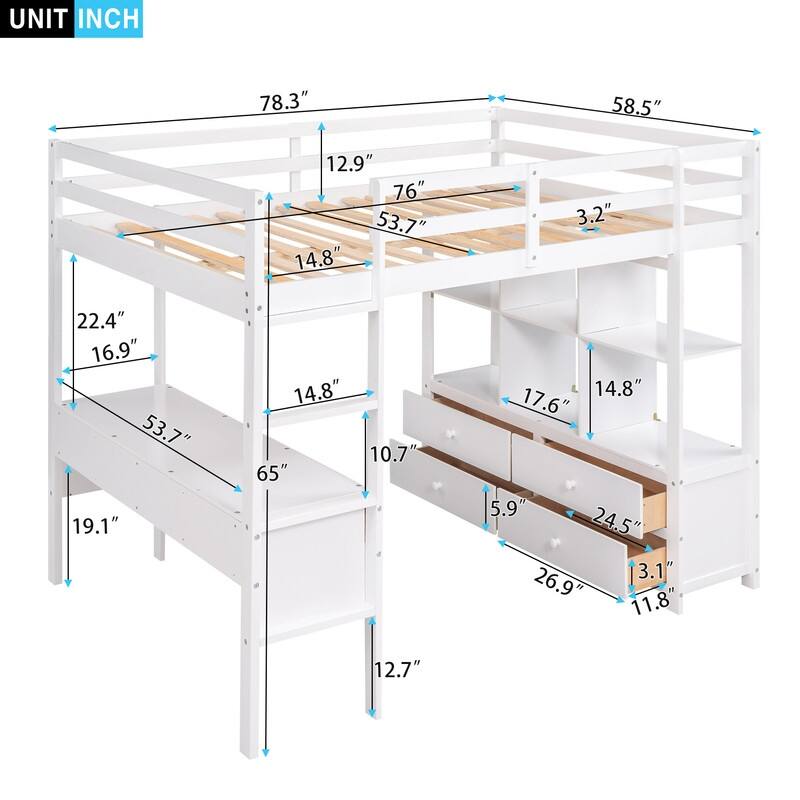 Full Size Wooden Loft Bed with Built-in Desk with Two Drawers, and Storage Shelves and Drawers For Kids