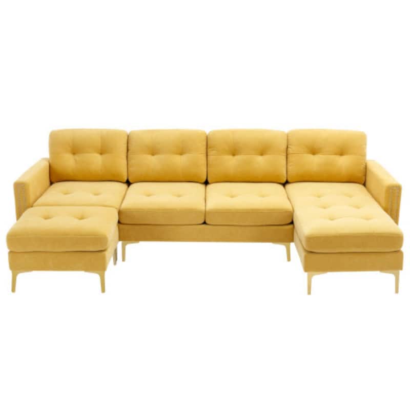 U-Shape Convertible Sectional Sofa with Movable Ottoman and Gold Metal Legs