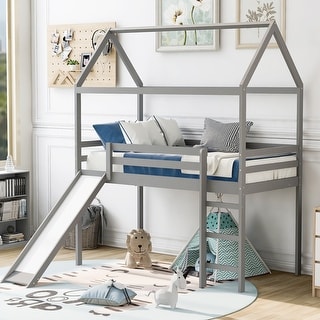 Modern Style Loft Bed with Built-in Roof, Slide and Ladder, Space-saving, Twin Size