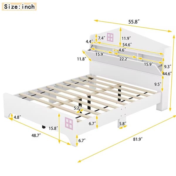 dimension image slide 1 of 4, Full/Twin House Bed with Storage Headboard - Space-Saving Design