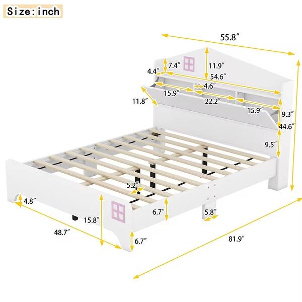 dimension image slide 3 of 4, House Platform Bed with Storage House shape Headboard, Storage Shelf, Funny Design, Solid Construction