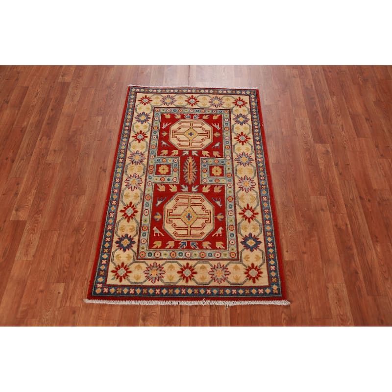 Traditional Kazak Accent Rug Hand-Knotted Geometric Red Wool Carpet - 2'8"x 4'4"