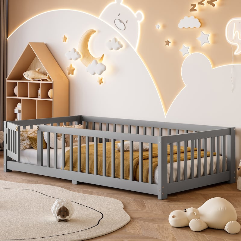 Twin Size Bed Floor Bed with Safety Guardrails and Door for Kids