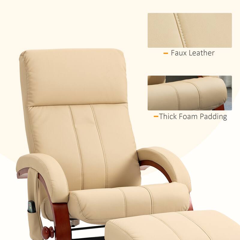 Modern Swivel Wood Base Leather Massage Recliner Chair with Ottoman, 10 Point Vibrating, 5 Modes, Remote and Side Pocket