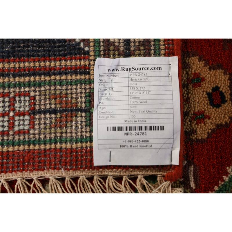 Geometric Medallion Heriz Serapi Area Rug Hand-Knotted Wool Carpet - 8'11"x 11'9"