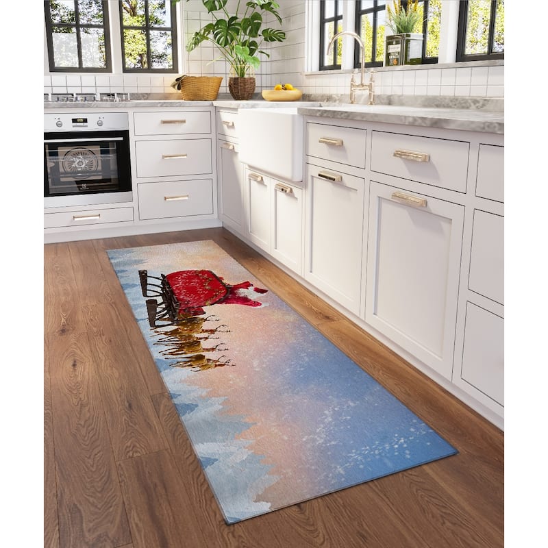 Indoor/ Outdoor Cozy Winter Holiday Washable Santa Sleigh Rug - 2'3" x 7'6" - Blue