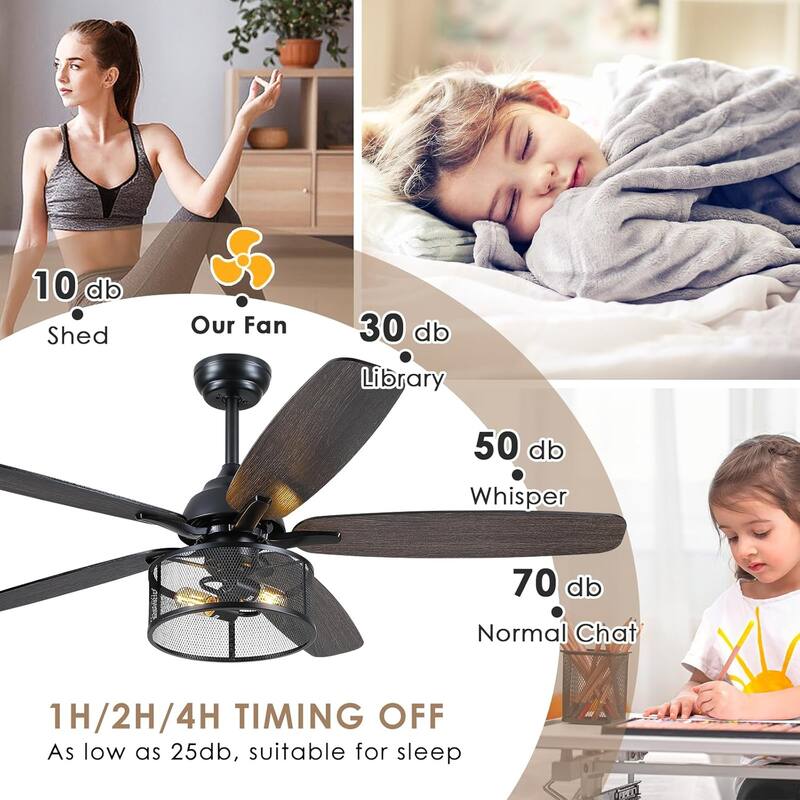 56 Inch Ceiling Fan with Caged Light and Plywood Blades for Farmhouse Living Room Bedroom