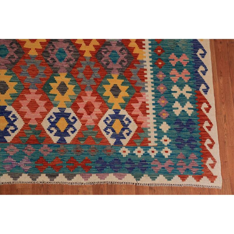 Geometric Kilim Oriental Large Rug Hand-Woven Wool Carpet - 10'3"x 16'6"