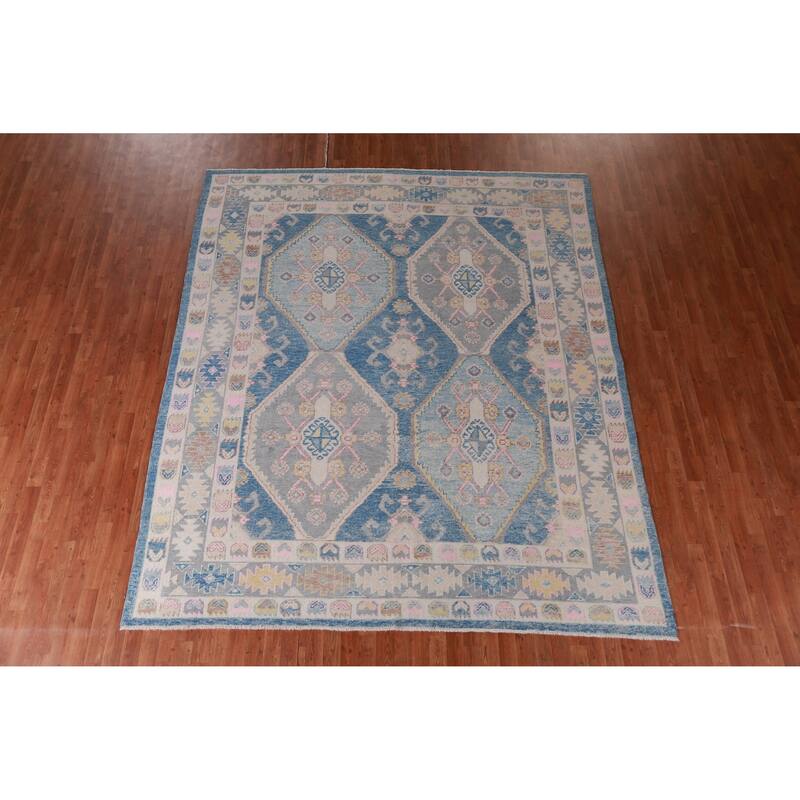Hand Knotted Oriental 100% Wool Carpet Transitional Geometric Navy Blue & Blues Oushak Area Rug - 10' 4'' X 8' 10''