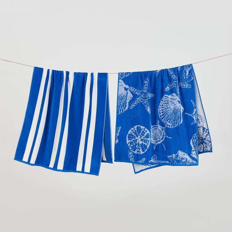 Luxurious Cotton Printed Beach Towel - 2 Pack- 30" x 60" - Seashell Blue