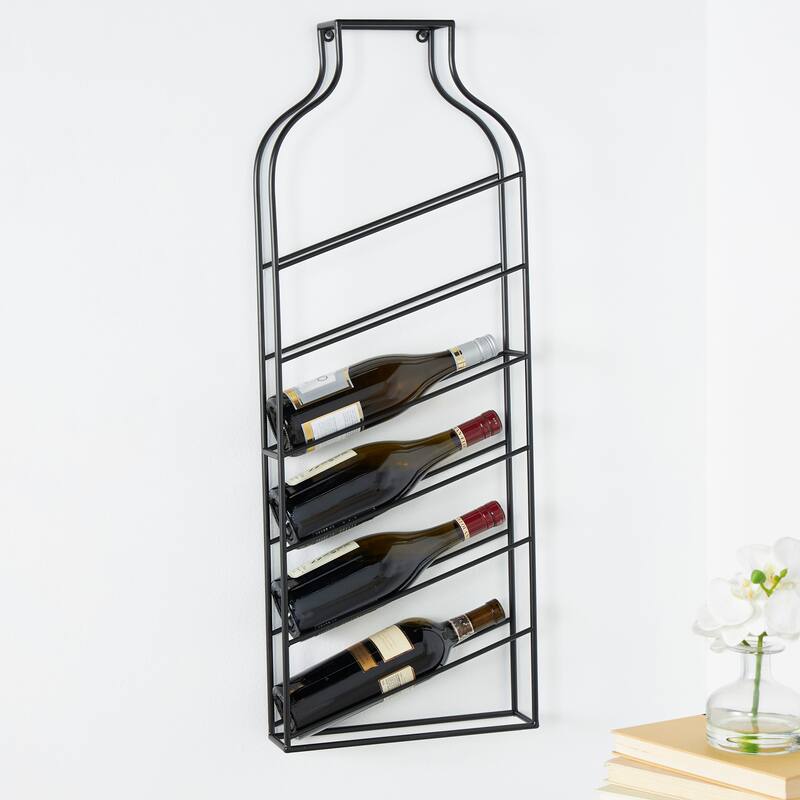 Black Metal Minimalistic Bottle Shaped 6 Bottle Wall Wine Rack with Open Style Frame - Black