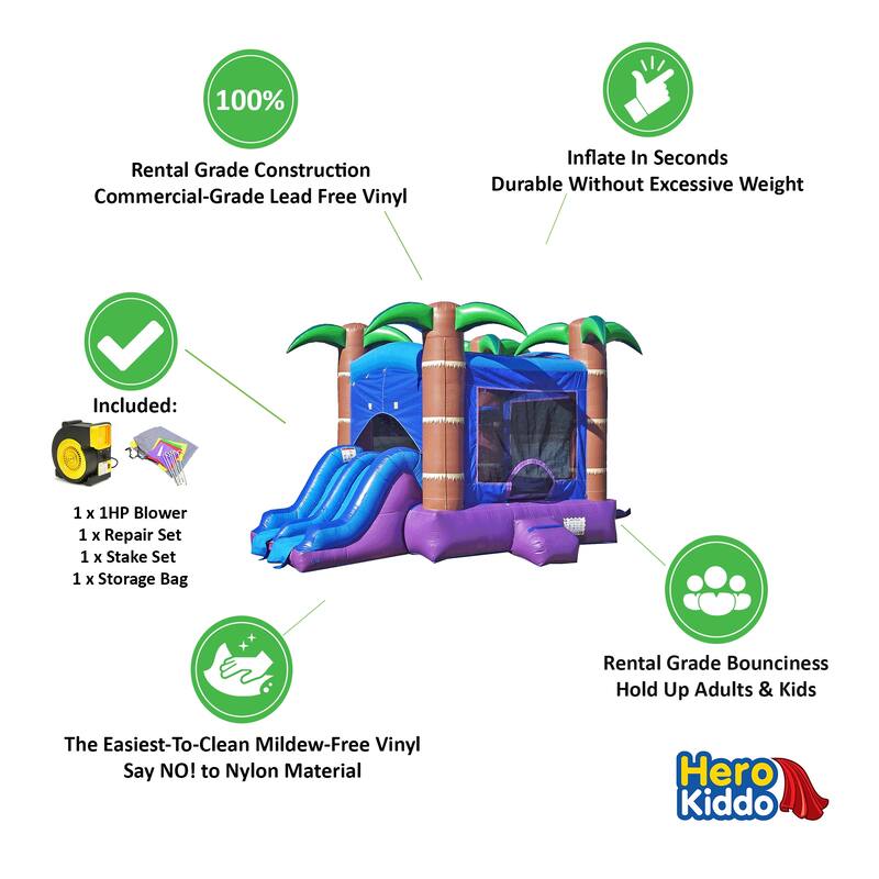 HeroKiddo Enchanted Forest Commercial Grade Inflatable Bounce House Water Slide Combo with Air Blower, Lightweight, Outdoor Fun
