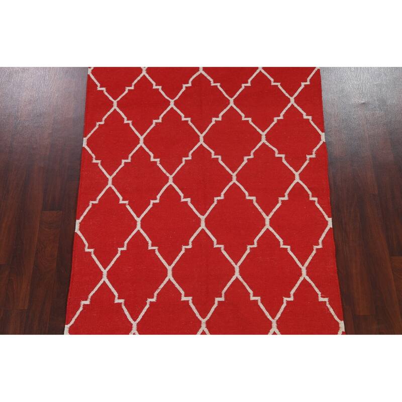 Contemporary Trellis Durrie Kilim Oriental Area Rug Wool Flat-woven - 5'0" x 8'0"