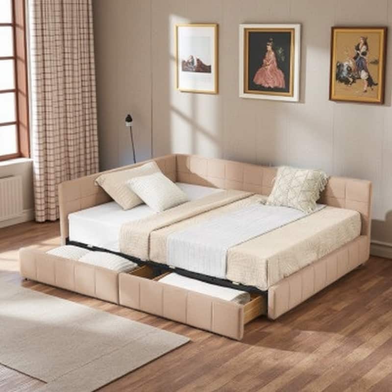 Full Size Mid-Century Velvet Upholstered Daybed with Storage Drawers, Wood Frame, Comfortable Backrest and Armrest - Pink