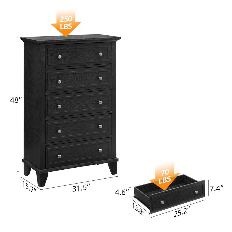 5-Drawer Dresser for Bedroom, 48" Tall Modern Wood Chest with Deep Drawers and Metal Handles