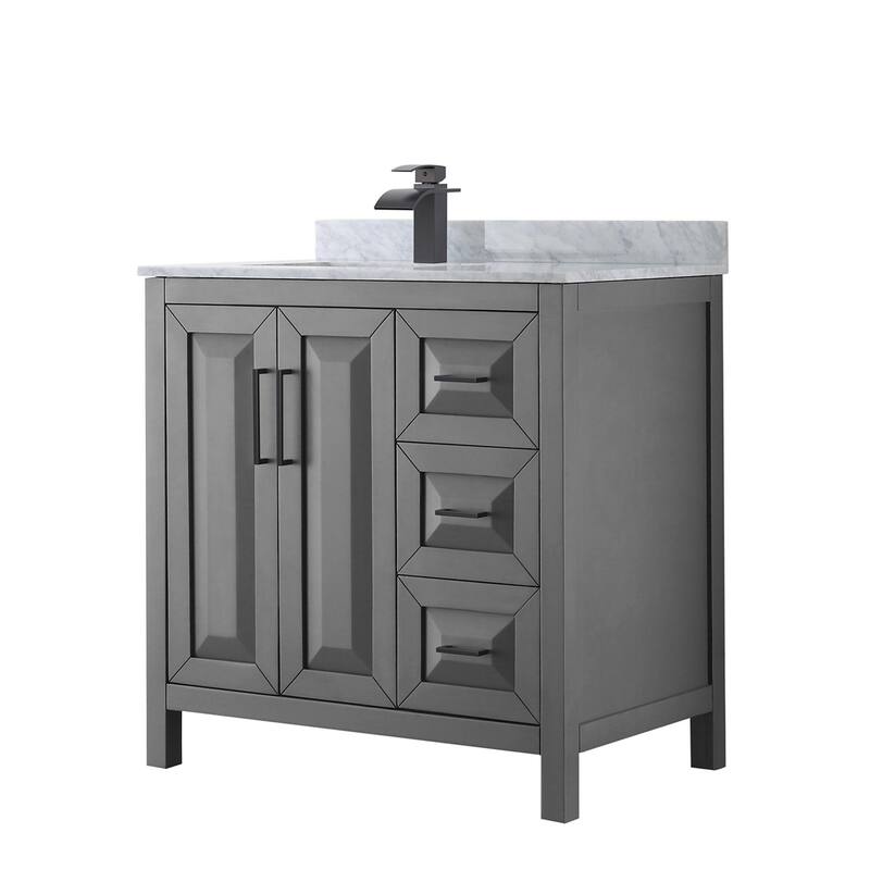 Wyndham Collection Daria 36" Free Standing Single Vanity Set with MDF - Dark Gray / White Carrara Marble Top / Matte Black - Steel Finish