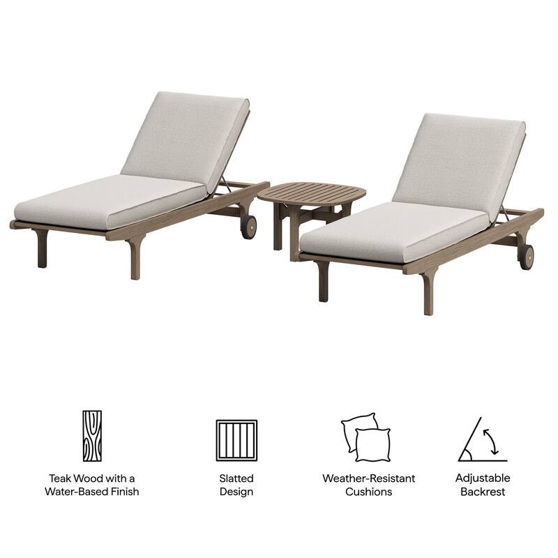 Saratoga Outdoor Patio Teak Wood 3-Piece Chaise Lounge Furniture Set