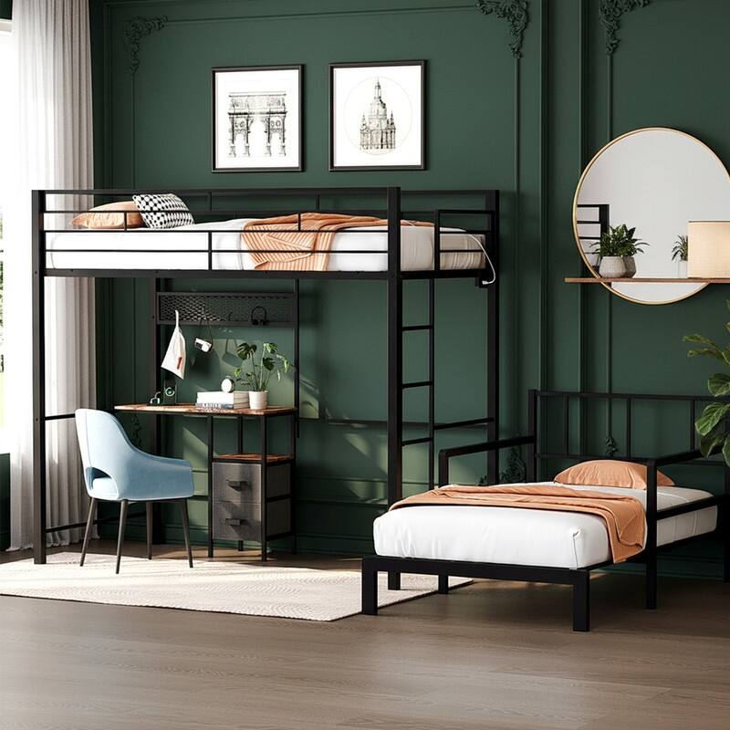 Twin Size Metal Bunk bed with Desk,Drawers,LED Strip,USB Charging Station, Guardrails and Ladder