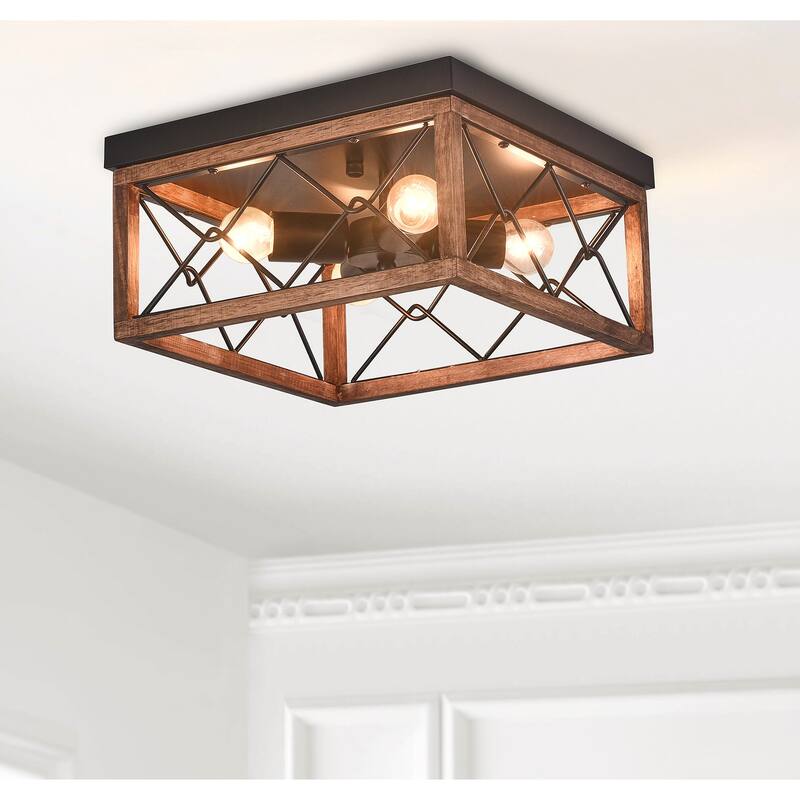 Black and Brown Geometric Farmhouse Rectangular Cage Design Flush Mount Ceiling Light