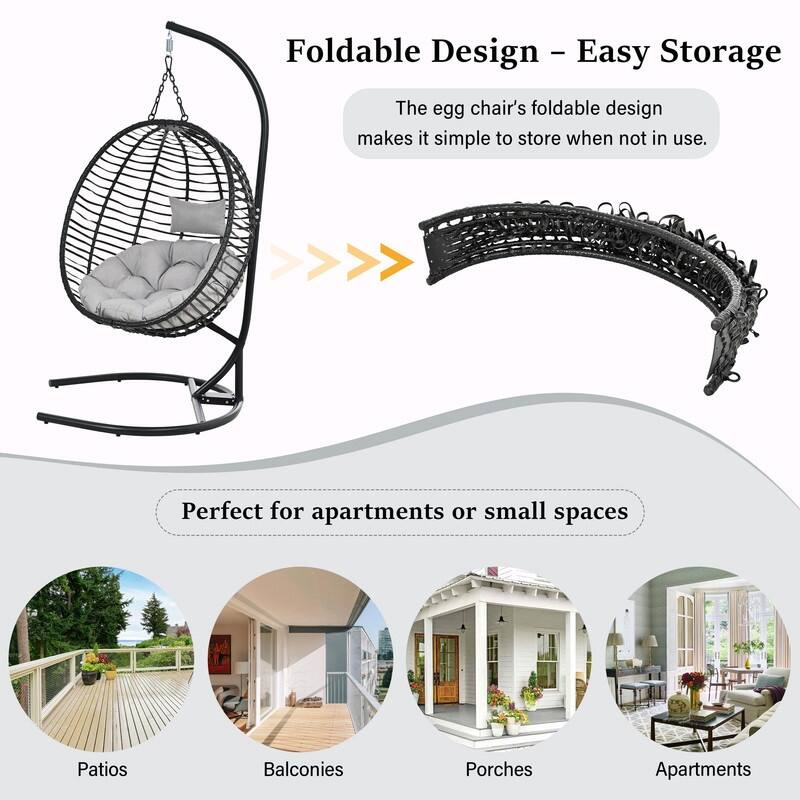 Single Person Folding Egg Chair with Stand, Indoor Outdoor Hanging Wicker Swing Chair with Adjustable Feet